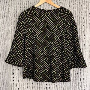 W5 Black Geometric (Yellow & Tan) Print 3/4 Length Flared-Sleeve Top Size Medium